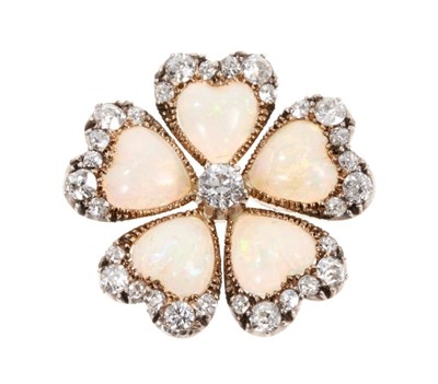 Lot 476 - Late Victorian opal and diamond flower brooch in the form of a pansy, with five heart shaped opal petals and old cut diamonds in silver and gold setting, 24mm.