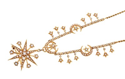 Lot 477 - Late Victorian gold and seed pearl fringe necklace with a detachable star pendant brooch suspended from a graduated fringe with star and crescent motifs on a gold rope twist chain with barrel clasp...