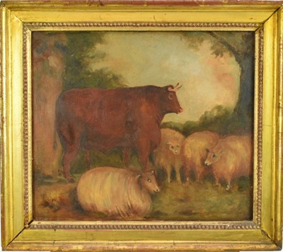 Lot 1033 - East Anglian School, oil on panel - Farm Animals beneath a Tree, 26.5cm x 30.5cm, in gilt frame