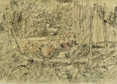 Lot 1281 - John O'Connor (1913-2004) ink and watercolour - The Chicken Shed, signed, 23cm x 32cm, in glazed gilt frame
