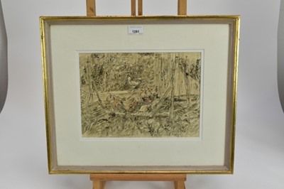 Lot 1281 - John O'Connor (1913-2004) ink and watercolour - The Chicken Shed, signed, 23cm x 32cm, in glazed gilt frame