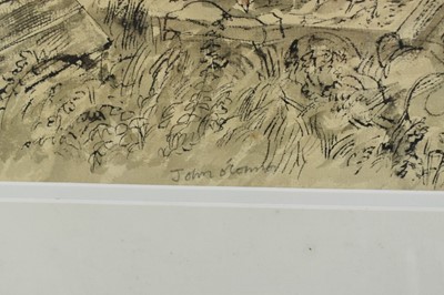 Lot 1281 - John O'Connor (1913-2004) ink and watercolour - The Chicken Shed, signed, 23cm x 32cm, in glazed gilt frame