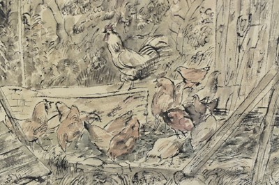 Lot 1281 - John O'Connor (1913-2004) ink and watercolour - The Chicken Shed, signed, 23cm x 32cm, in glazed gilt frame