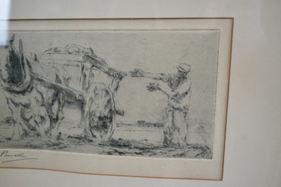 Lot 1289 - Harry Becker (1865-1928) signed etching - Loading the Wagon, 12.5cm x 21cm, in glazed frame