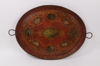 Lot 859 - An Ottoman Turkish metal tray painted with a hunting scene, 19th century, signed to the underside 'Rafael Karagheusian, Constantinople'