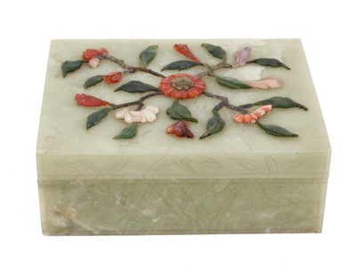 Lot 860 - Chinese hardstone box and cover, the top with inset hardstone foliate decoration, the sides carved with bamboo