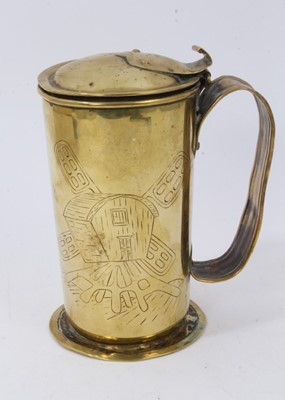 Lot 693 - 19th century brass folk art lidded pub tankard with engraved scene depicting a windmill and the reverse engraved 'Ye Windmill Inne', 16cm overall height.