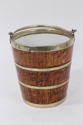 Lot 125 - Late 19th/early 20th century Sitzendorf porcelain ice bucket with simulated wood painted decoration and applied silver plated bands, 15.5cm in height.