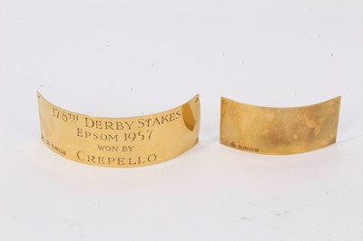 Lot 910 - 18ct gold plaque from the trophy base of the 178th Derby Stakes Epsom 1957, Won By Crepello, together with a plain plaque, total weight 21g 
Provenance: the estate of the late Julie Cecil (1942-202...