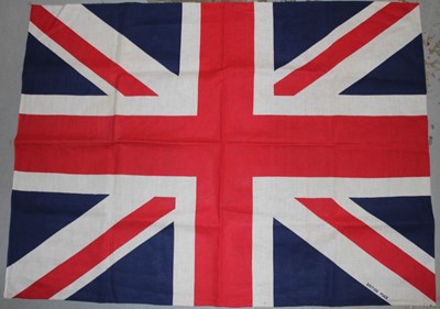 Lot 691 - 1950sb large linen Union Jack flag, stamped British Made 84 cm x 114 cm, similar large linen red white and blue street / balcony banners 70 cm x 850cm (1), 70cm x 400 cm (1), 70cm x 200 cm (4). Plu...