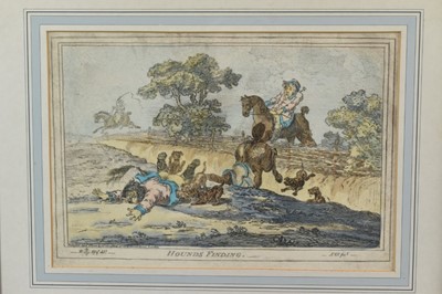 Lot 1023 - After Brownlow North and James Gillray, set of four hand coloured hunting etchings - Hounds Finding, Hounds in Full Cry, Hounds Throwing Off and Coming in at the Death, published 1800, 27cm x 38cm,...