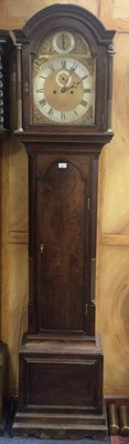 Lot 674 - Early 19th century 8-day longcase clock with arched gilt and silvered dial with strike silent dial in arch and subsidiary seconds in dome top mahogany case , 213cm high, two brass weights and pendu...