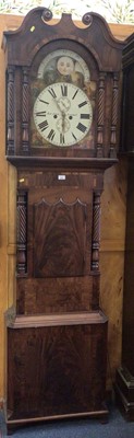 Lot 675 - Victorian 8-day longcase clock signed Robert Jones, Liverpool with painted arched dial painted with female allegorical figures depicting the seasons and lunar arch in broad mahogany case, 228cm h...