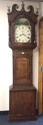 Lot 676 - Victorian eight-day longcase clock with arched painted dial with landscape to arch in broad mahogany case with swan neck pediment. 126cm high, pendulum and two weights present
