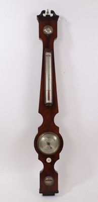 Lot 677 - 19th century mahogany narrow cased banjo barometer by I. Deck, Cambridge with silvered dials and swan neck pediment. 98cm