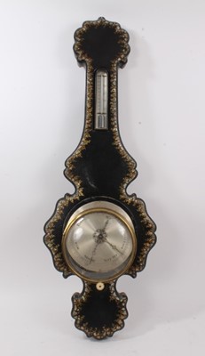 Lot 678 - Victorian banjo shaped barometer thermometer in mother of pearl inlaid papier-mâché case. 97cm