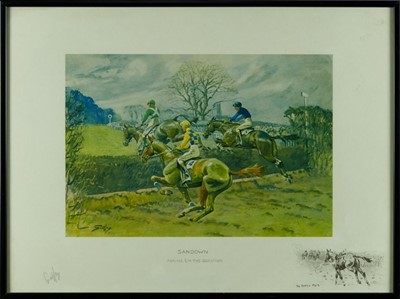 Lot 1008 - Snaffles, Charles Johnson Payne (1884-1967) signed print - 'Sandown, Asking 'em the Question', signed in pencil, with snaffle blindstamp, 49cm x 66cm, in glazed frame
