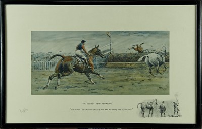 Lot 1004 - Snaffles, Charles Johnson Payne (1884-1967) signed hand coloured print - The Worst View In England, signed in pencil, with snaffle blindstamp, 42cm x 66cm, in glazed frame