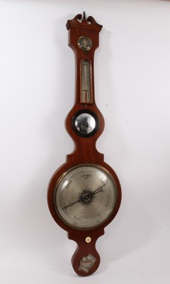 Lot 679 - 19th century banjo-shaped barometer thermometer signed C P Simms, Chipping Norton in mahogany case with swan neck pediment. 110cm