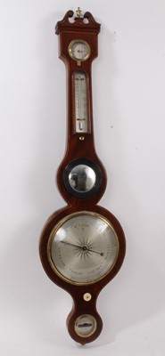 Lot 680 - 19th century banjo barometer thermometer by A Bulla, Exeter in mahogany case with swan neck pediment. 100.5 cm