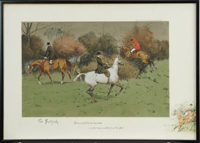 Lot 1002 - Snaffles, Charles Johnson Payne (1884-1967) hand coloured print - The Bullfinch, 'Black as yer hat on this side sand glorious uncertainty on the other', 48cm x 67cm