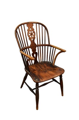 Lot 1502 - Of local interest: George III fruitwood, ash and elm wheelback Windsor chair with solid seat on turned legs and H-shaped stretcher, the underside of seat with pen inscription: 'Mr Clark, Lord Chidw...