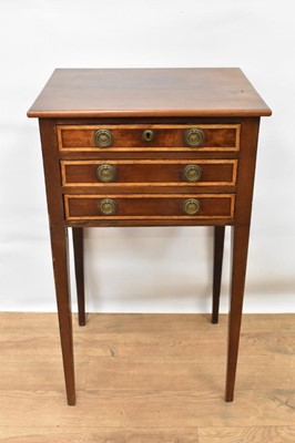 Lot 1464 - Regency mahogany and boxwood lined work table, with three drawers on square tapered legs, 42cm wide x 33cm deep x 71cm high