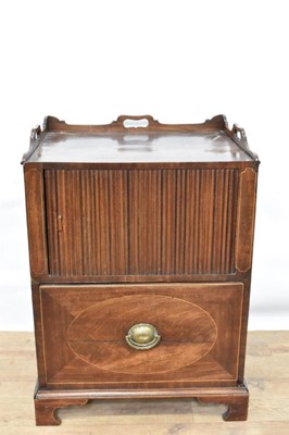 Lot 1474 - George III mahogany bedside table, with three-quarter pieced gallery and tambour cupboard over pot drawer below on bracket feet, 58cm, wide x 45cm deep x 79cm high