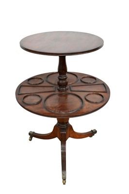 Lot 1495 - Fine and rare George III mahogany whatnot/supper table, with two circular graduated tiers, the second with dished reserves, on turned column and splayed reeded supports, brass callings and casto...