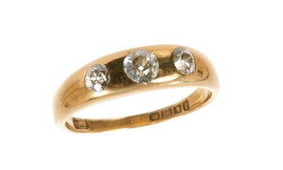 Lot 523 - Antique diamond three stone gypsy ring with three old cut diamonds in 1ct gold gypsy setting, estimated total diamond weight approximately 0.80ct. Birmingham 1916. Ring size S.