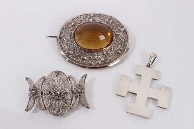 Lot 560 - Victorian silver Jerusalem cross pendant, Chester 1885, 70mm, large Victorian silver and gem-set brooch 80mm, and a silver filigree brooch (3)