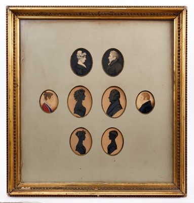 Lot 683 - English School, early 19th century, group of ten portrait miniatures on paper depicting members of the family tree of Dr Buck of Coventry, presented in glazed gilt frame 54 x 50cm, with key