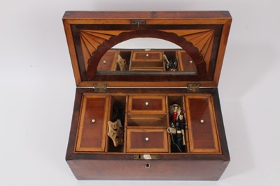 Lot 684 - Early 19th century walnut workbox, with mirror to underside of lid and fitted interior, 29cm wide