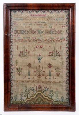 Lot 682 - George III needlework sampler by Charlotte Carter aged 9 years 1797, with didactic verse and scattered foliate and animal devices in glazed walnut cushion frame, 54 x 37cm
