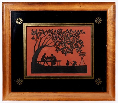 Lot 685 - Regency paper cut picture, depicting a garden scene, in verre églomisé cushion maple frame, 42 x 47cm