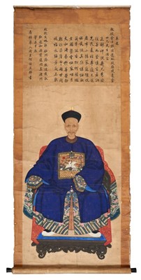 Lot 687 - Large 19th century Chinese ancestor painting, the scroll with script panel and seated figure wearing the white pheasant rank badge, 187 x 85cm