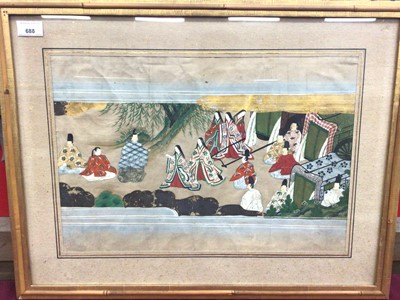 Lot 688 - Group of five Japanese Edo period gouache and gilt paintings on paper, depicting scenes from the Tale of Genji, well presented in gilt splash borders and bamboo mounted gilt glazed frames, four 49...