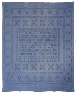 Lot 689 - Rare early Victorian raised work embroidery bedspread, signed and dedicated to Hannah Purves, born March 20th 1838, the gift of her mother Elizabeth Purves, approximately 257 x 204cm