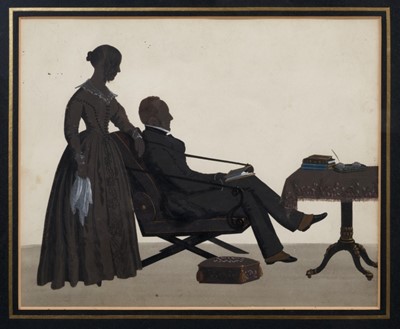 Lot 690 - English School, circa 1820, painted silhouette group of a husband and wife, 25 x 29cm