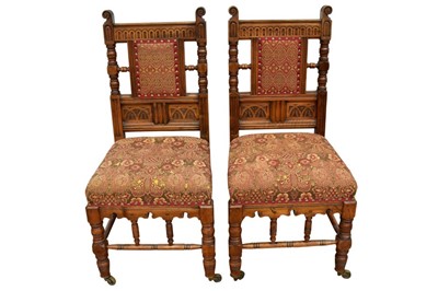 Lot 1455 - Pair of Victorian Gillows of Lancaster walnut chairs 
Provenance: Liberty, Regent Street, London, 19th May 2011