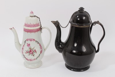 Lot 137 - A pearlware coffee pot, polychrome painted with a floral pattern, and a Jackfield-type coffee pot (2)
