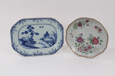 Lot 141 - 18th century Chinese blue and white porcelain platter, painted with the boy on a buffalo pattern, 31.5cm wide, together with an 18th century famille rose dish (2)