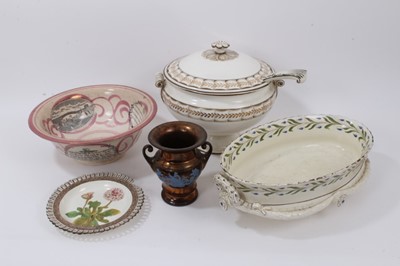 Lot 143 - A group of 19th century English ceramics, including a Sunderland lustre bowl, a pearlware dish with botanical specimen, Wedgwood tureen and serving dish, and a copper lustre vase (5)