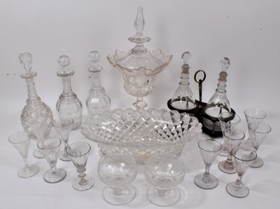 Lot 146 - A group of Regency and later English cut glass, including a pair of decanters in a lacquered stand, a large sweetmeat, a pair of Regency rummers, etc