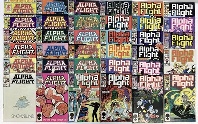 Lot 126 - Group of Marvel comics Alpha Flight (1983 to 1988) Issues 1 - 51 together with issues 58 and 59 and 1st annual. Mostly American prices. Approximately 54 comics.