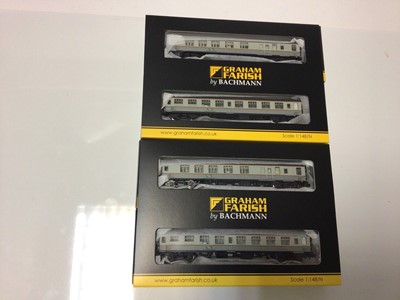 Lot 89 - Graham Farish N gauge carriages including MK1 Coach Pack "Hunslet-Barclay" Weed Killing Train 374-992 (2) and BR MK1 Coach Pack blue/grey (weathered) Works Test Train 374-990, all boxed (3 total)