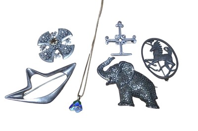 Lot 22 - Georg Jensen Danish silver abstract brooch, David Andersen Norwegian silver gilt and enamel harebell pendant, silver unicorn brooch etc