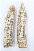 Lot 850 - Two 20th century carved hippopotamus teeth...