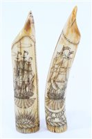 Lot 851 - Two 20th century carved hippopotamus teeth...
