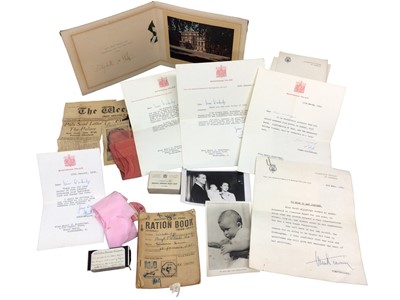 Lot 76 - TRH Princess Elizabeth & Prince Philip, signed 1949 Christmas card and a fascinating collection of ephemera from a housemaid at Clarence House including signed note from The Princess, pill box, Roy...